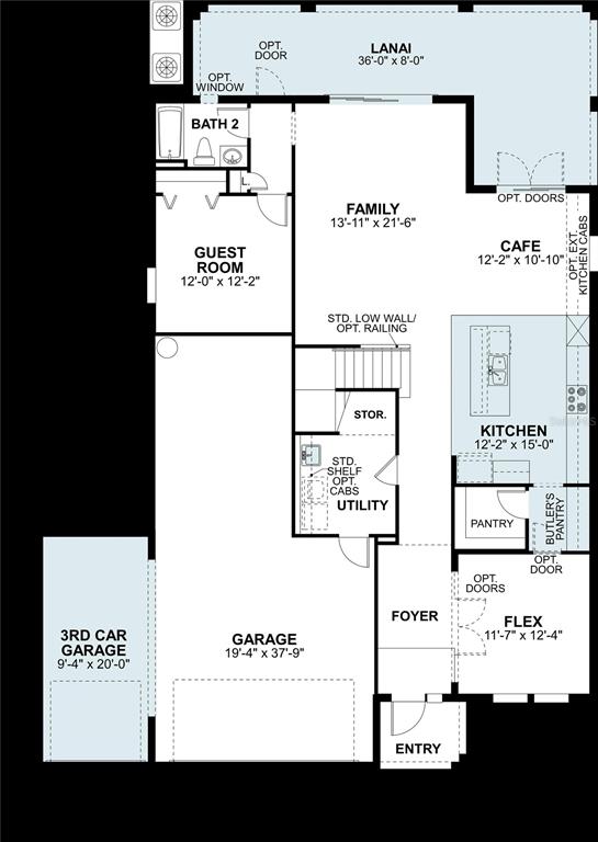 This is a floor plan of a single-story home featuring a three-car garage and lanai — 5800 FREESIA DRIVE, LAKELAND, FL