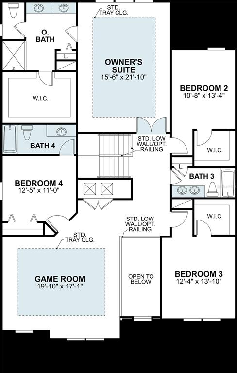 This floor plan shows the upper level of a house with four bedrooms and a game room — 5800 FREESIA DRIVE, LAKELAND, FL