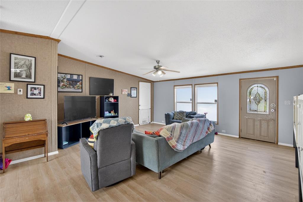 A living room features wood-look flooring, paneled walls, a ceiling fan, and a front door — 3991 SHADY COURT, MULBERRY, FL