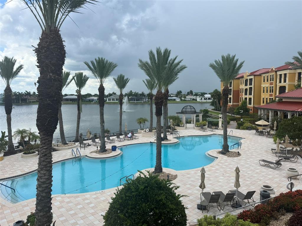 A swimming pool with palm trees and a lake view at a residential complex — 99 VIVANTE BOULEVARD UNIT 415, PUNTA GORDA, FL