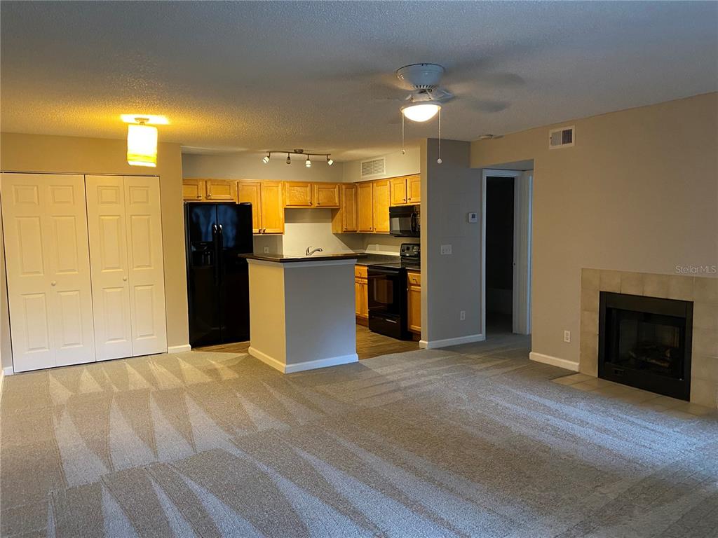 A living room with carpeted floors and a fireplace opens to a kitchen with cabinets — 400 LAKE PLACID COURT UNIT 104, ALTAMONTE SPRINGS, FL