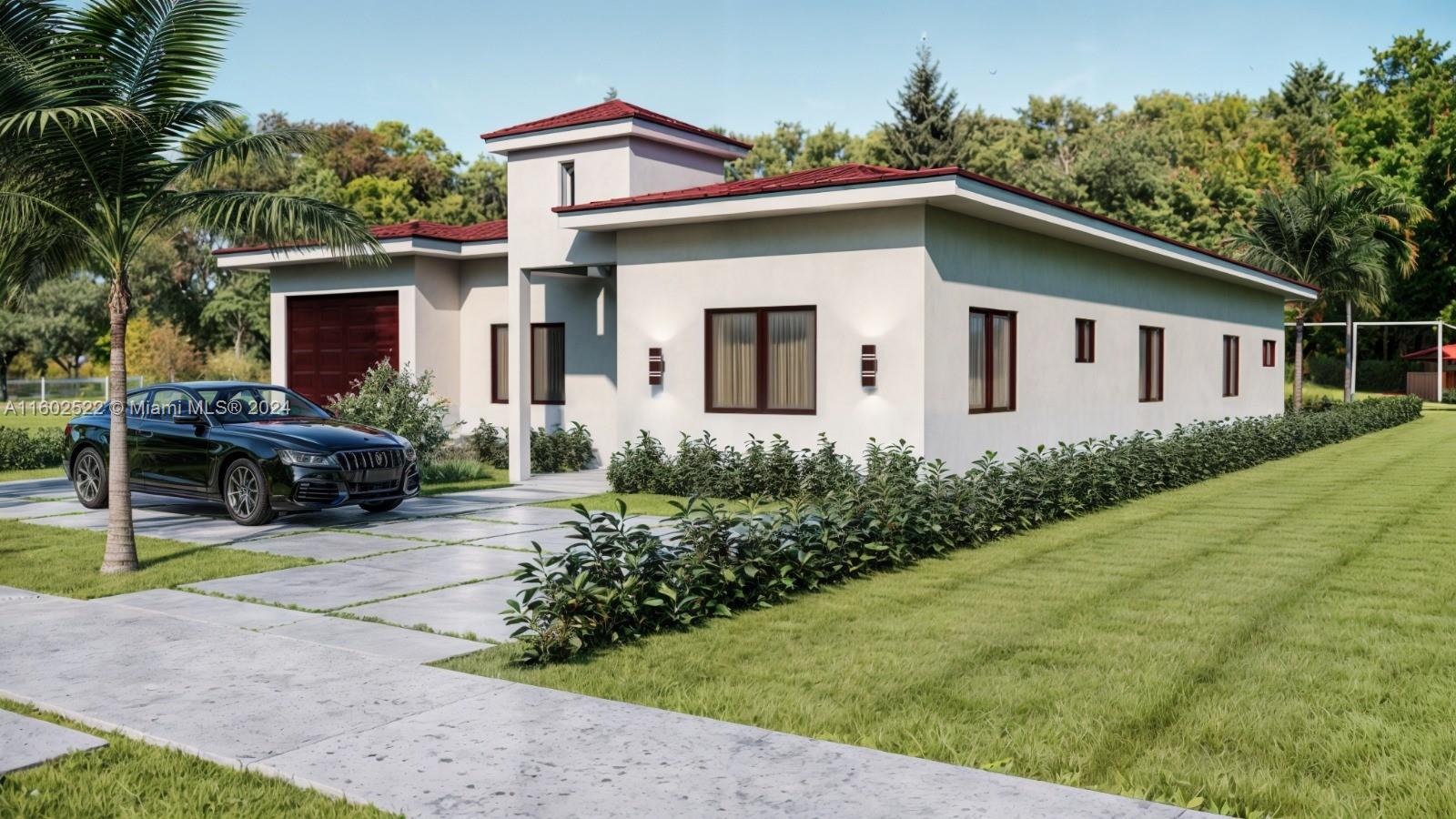 This is a digital rendering of a modern single-story house with a red-tiled roof — 904 NE 5th Ave, Homestead FL 33030, HOMESTEAD, FL