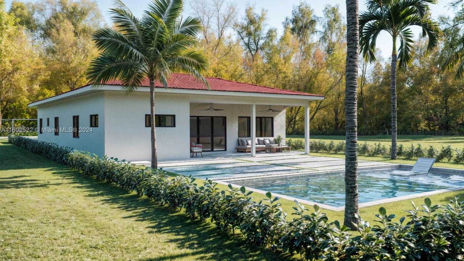 This architectural rendering shows a modern white house with a red roof and swimming pool — 904 NE 5th Ave, Homestead FL 33030, HOMESTEAD, FL