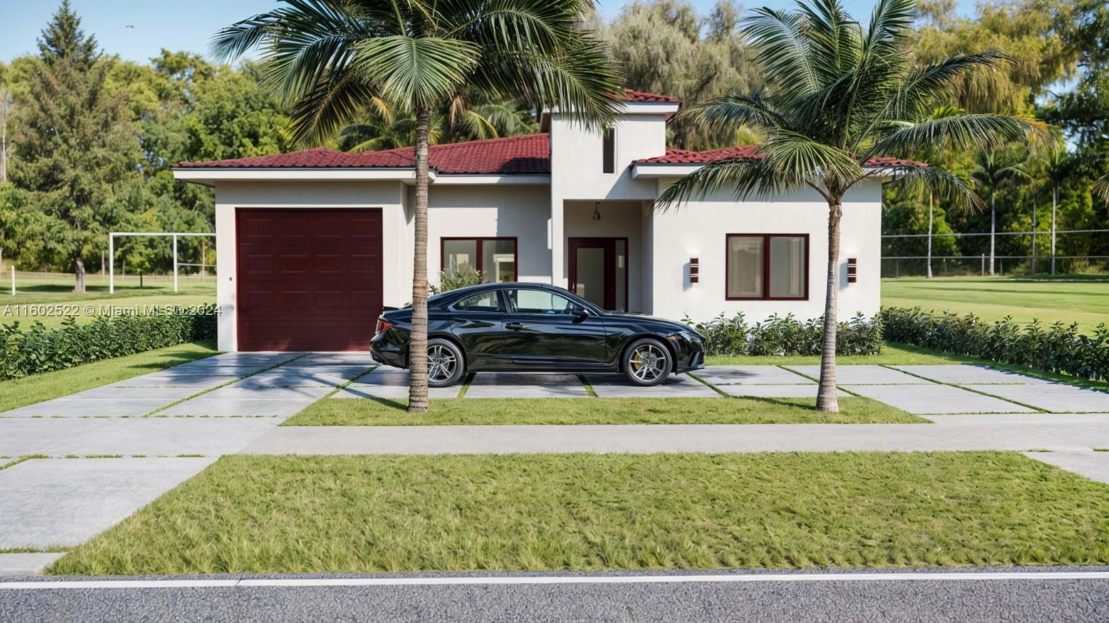 This is a rendering of a modern one-story house with a black car parked outside — 904 NE 5th Ave, Homestead FL 33030, HOMESTEAD, FL