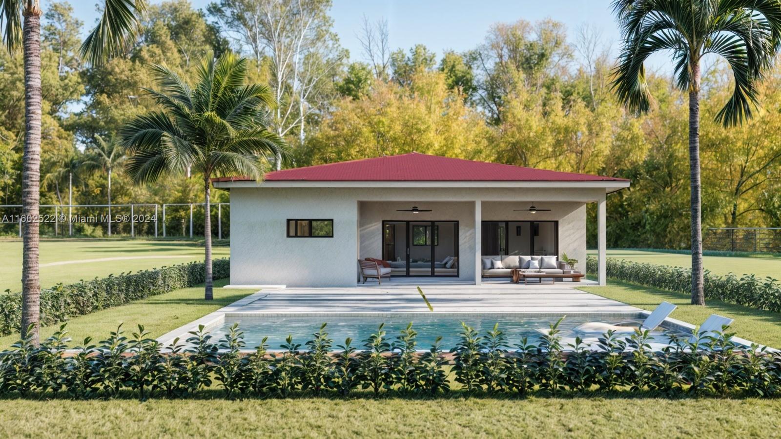 This architectural rendering shows a modern house exterior with a pool and covered patio — 904 NE 5th Ave, Homestead FL 33030, HOMESTEAD, FL