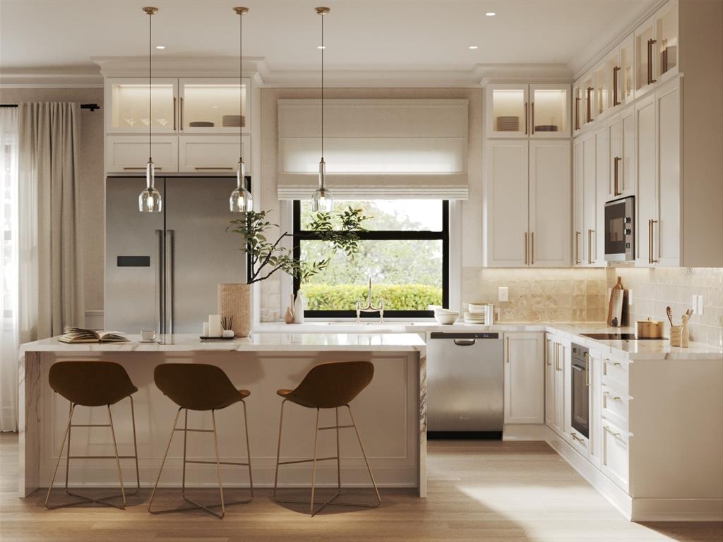 This is a rendering of a modern kitchen featuring white cabinetry, a marble island, and stools — 311 CAMPBELL STREET, PORT CHARLOTTE, FL