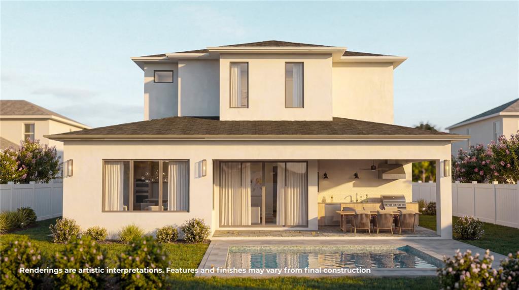 This architectural rendering shows the rear exterior of a two-story house with a pool and patio — 2308 MULBRY DRIVE, WINTER PARK, FL