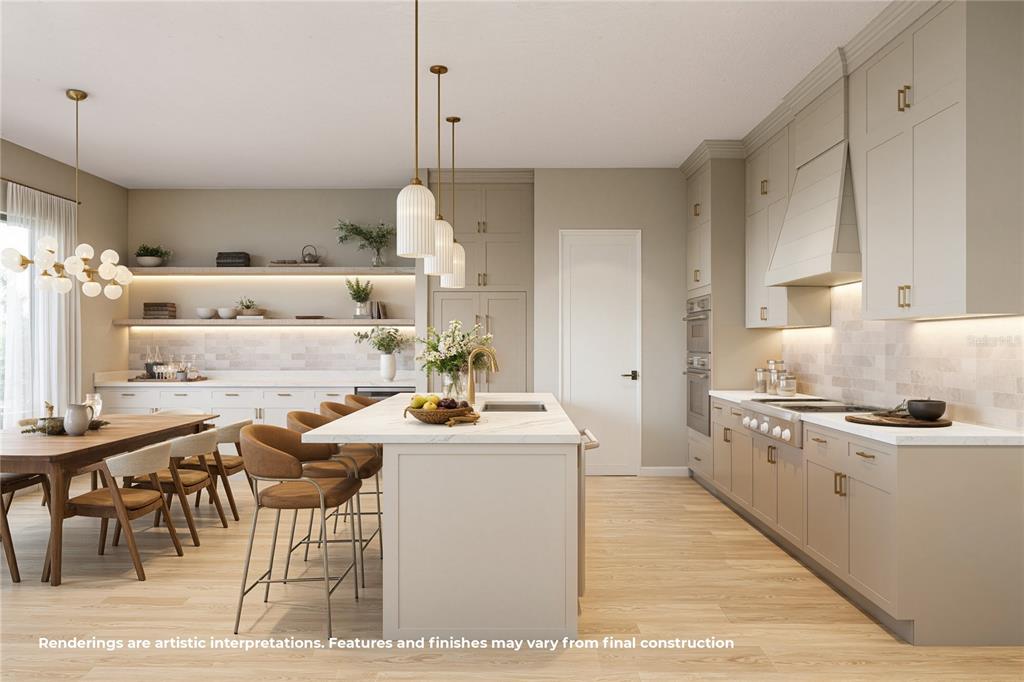 This rendering shows a modern kitchen with light cabinetry, a central island, and dining area — 2308 MULBRY DRIVE, WINTER PARK, FL