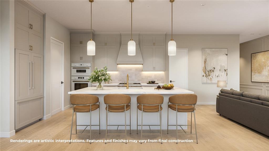This rendering shows a modern kitchen with light cabinetry, a central island, and four barstools — 2308 MULBRY DRIVE, WINTER PARK, FL