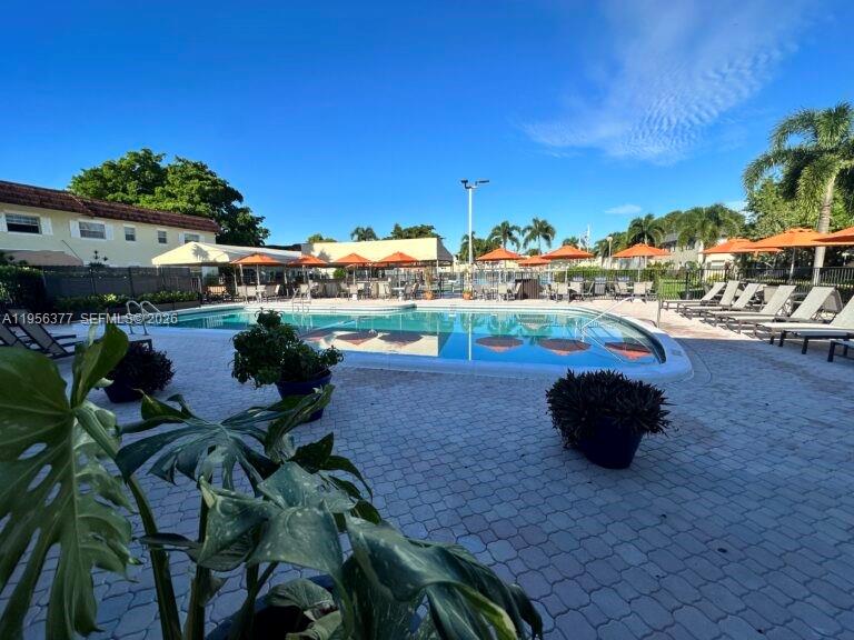A swimming pool with lounge chairs and umbrellas sits on a paved patio area — 5661 SW 2nd Ct # 101, Margate FL 33068, MARGATE, FL
