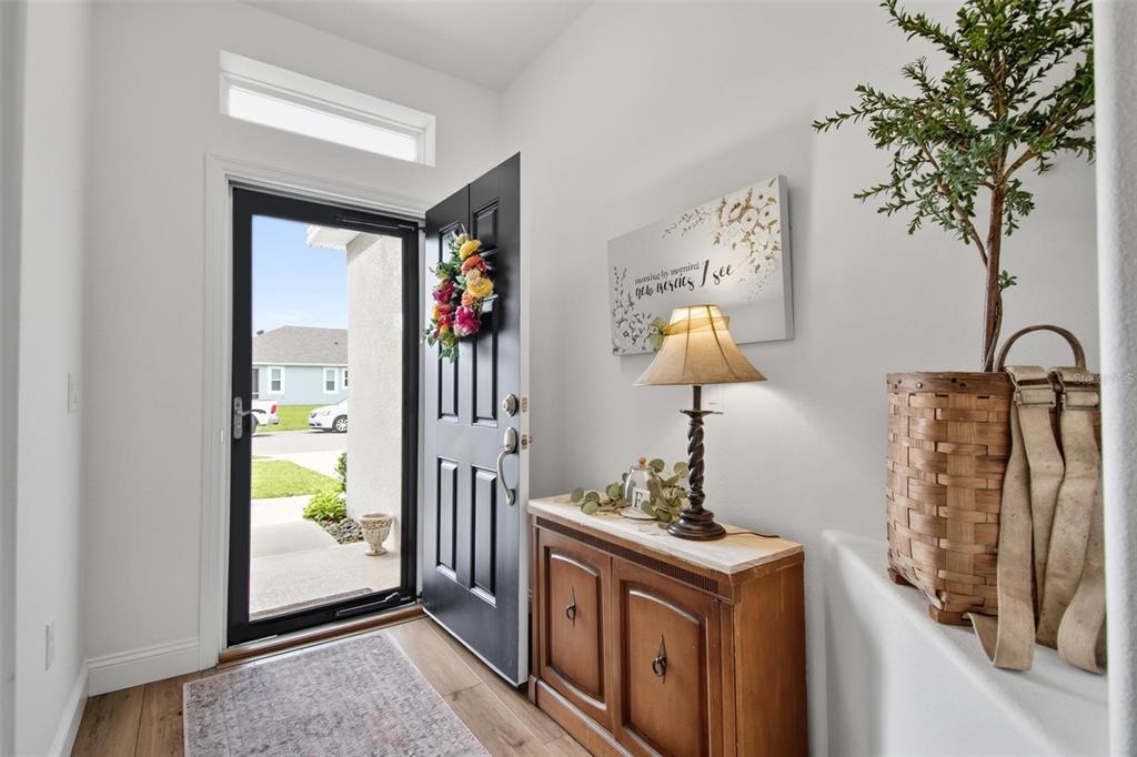 An entryway features a black front door, a wooden cabinet, a lamp, and a potted plant — 48 OAKLEAF WAY, PALM COAST, FL
