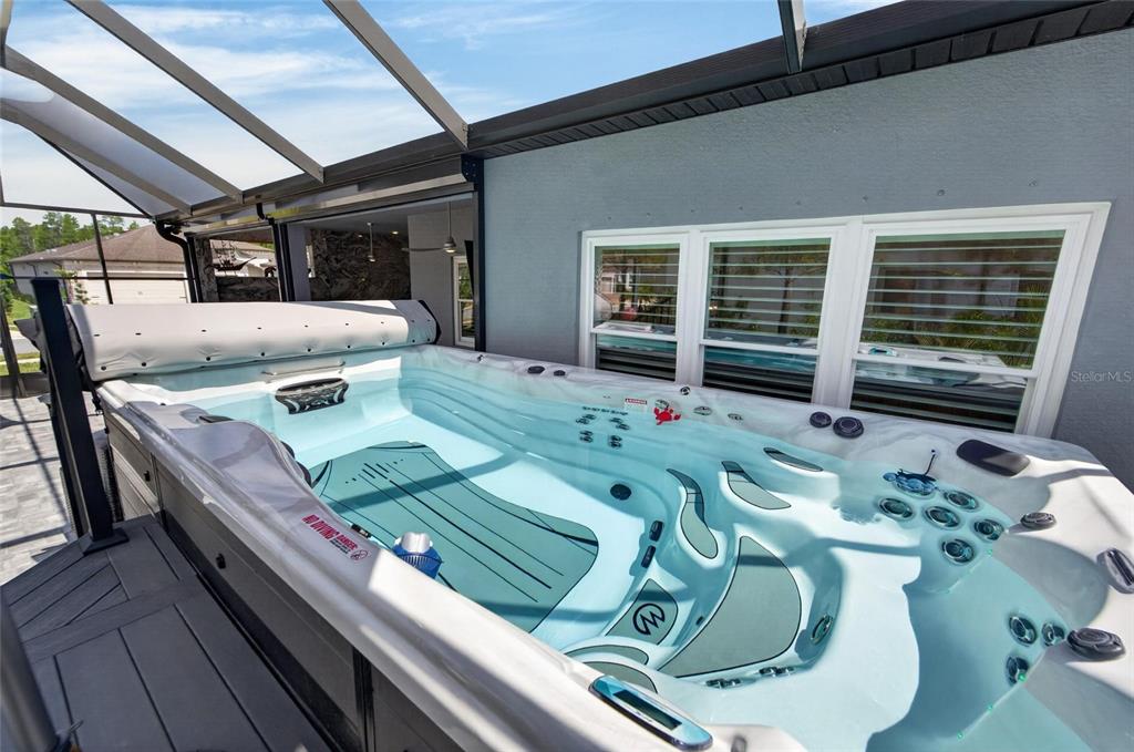 A swim spa sits on a patio enclosed by a screened-in lanai — 18752 HORIZON VIEW POINT, LAND O LAKES, FL