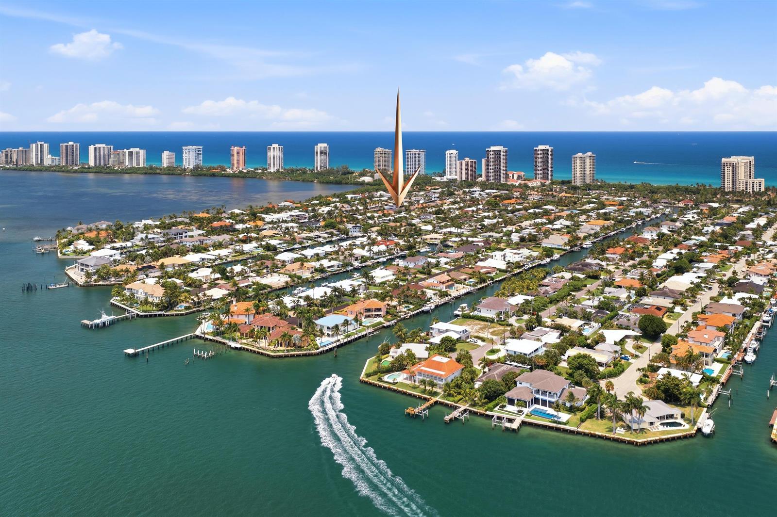 An aerial view shows a waterfront residential neighborhood with a gold spire marker — 1170 Fairview Lane, Singer Island FL 33404, SINGER ISLAND, FL