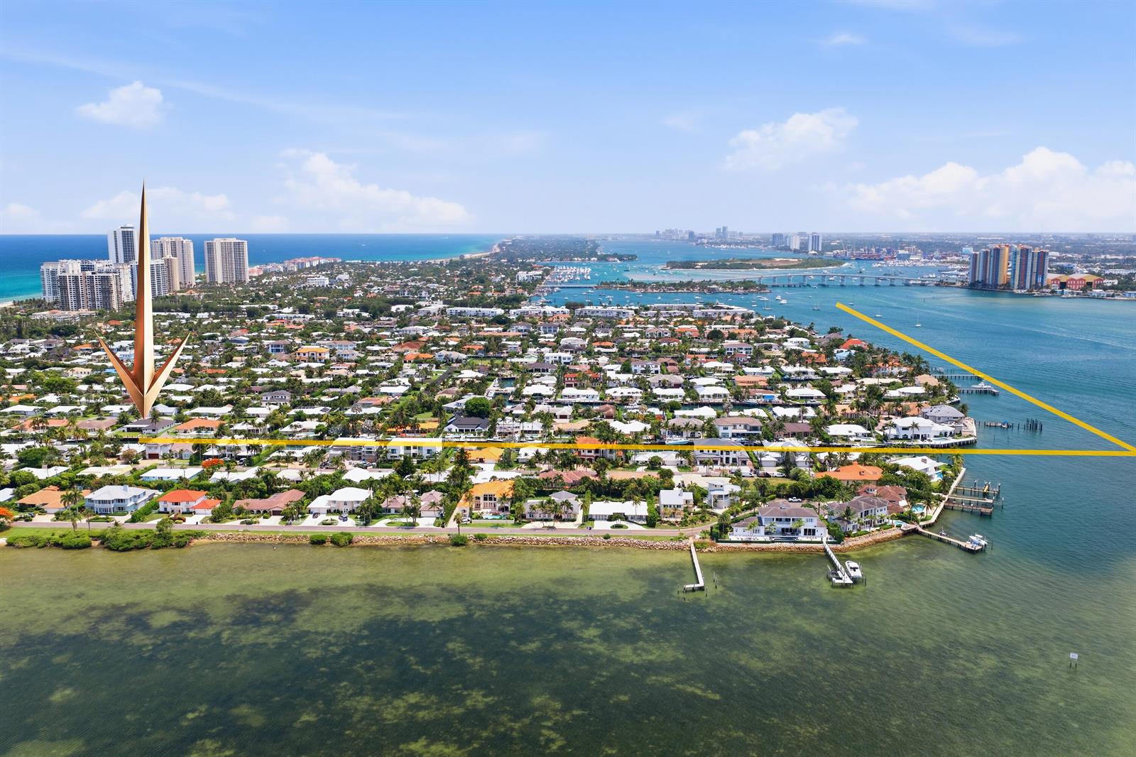 An aerial view shows a coastal residential neighborhood with a highlighted property and waterfront access — 1170 Fairview Lane, Singer Island FL 33404, SINGER ISLAND, FL
