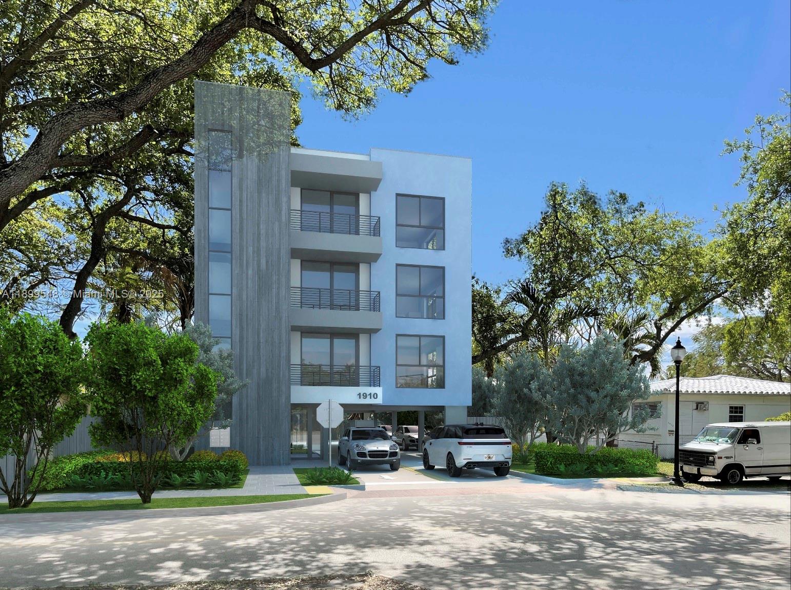 A digital rendering shows the exterior of a modern three-story apartment building with balconies — 1910 Washington St, Hollywood FL 33020, HOLLYWOOD, FL