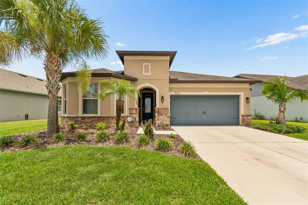 A single-story house with a tan stucco exterior, stone accents, and a two-car garage — 8012 OLIVE BROOK DRIVE, WESLEY CHAPEL, FL