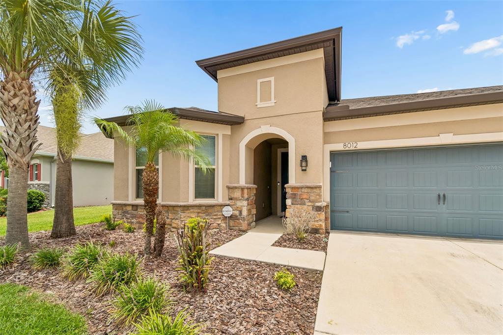A single-story house with a tan stucco exterior, stone accents, and a two-car garage — 8012 OLIVE BROOK DRIVE, WESLEY CHAPEL, FL
