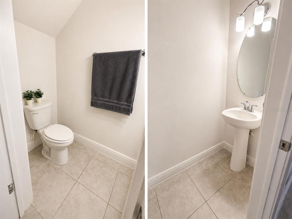 A split-view image showing a half bathroom with a pedestal sink and a toilet — 3890 KNOTTY PINE STREET, ST CLOUD, FL