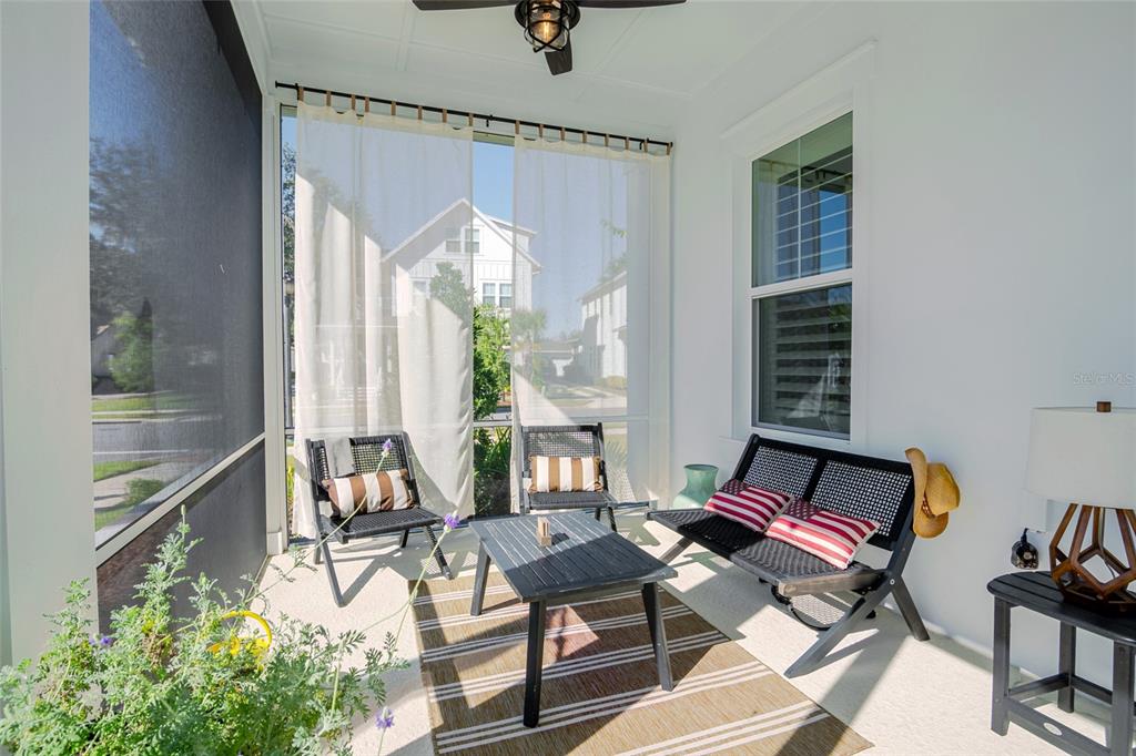 A screened-in porch features a ceiling fan, outdoor furniture, and a striped area rug — 1101 EAGLES PASS WAY, WINTER GARDEN, FL