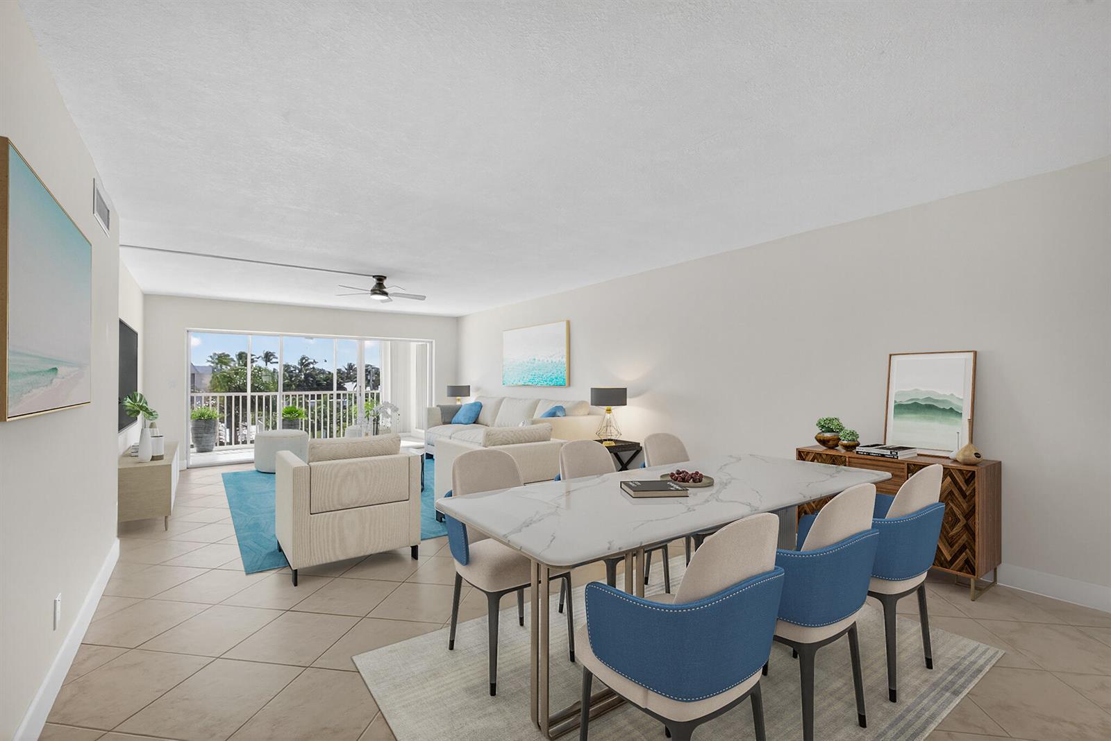 This open-concept living and dining area features tile flooring, a marble table, and balcony access — 100 Waterway Road # A304, Tequesta FL 33469, TEQUESTA, FL