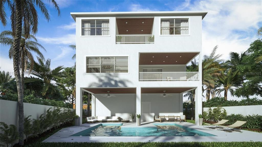 This is a rendering of a three-story house exterior featuring a pool and covered patio — 5375 CALLE FLORIDA, SARASOTA, FL