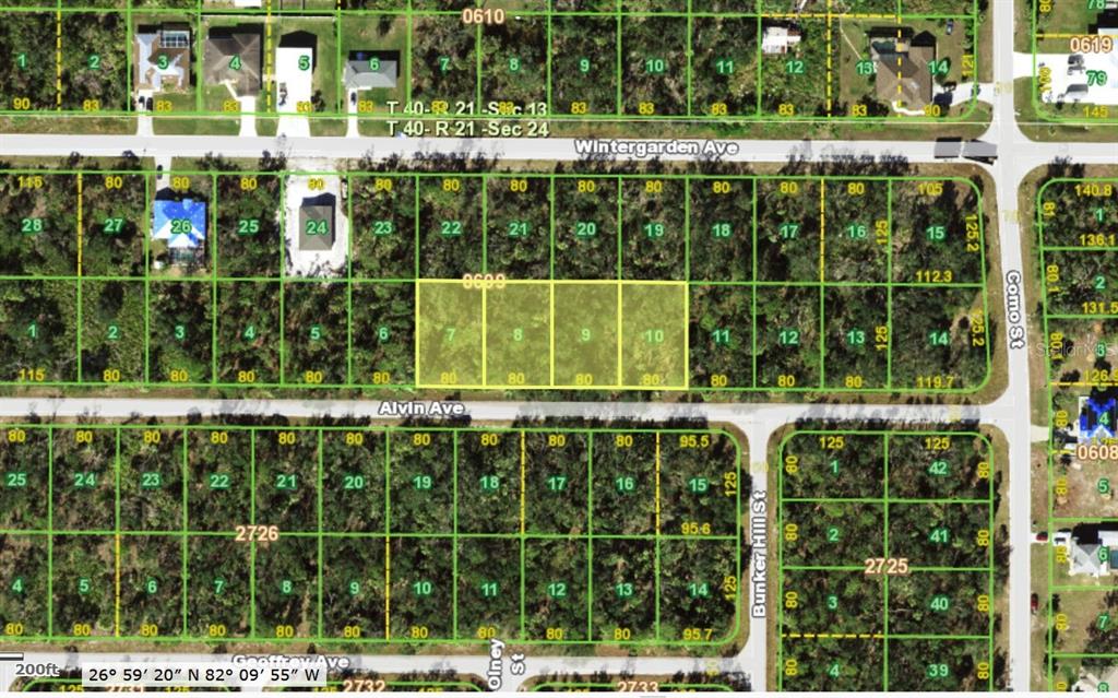 This is a satellite map showing residential land parcels and street layouts — 17178 ALVIN (& 17186, 17194, 17202) AVENUE, PORT CHARLOTTE, FL
