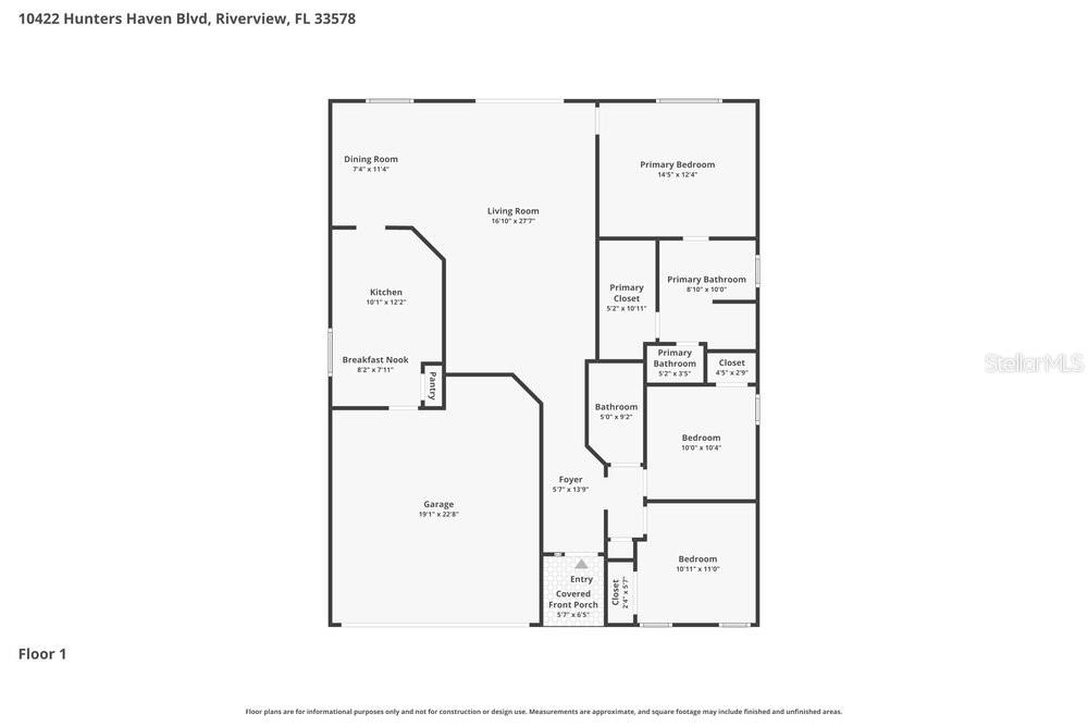 This is a floor plan showing the layout of a single-story residential home — 10422 HUNTERS HAVEN BOULEVARD, RIVERVIEW, FL