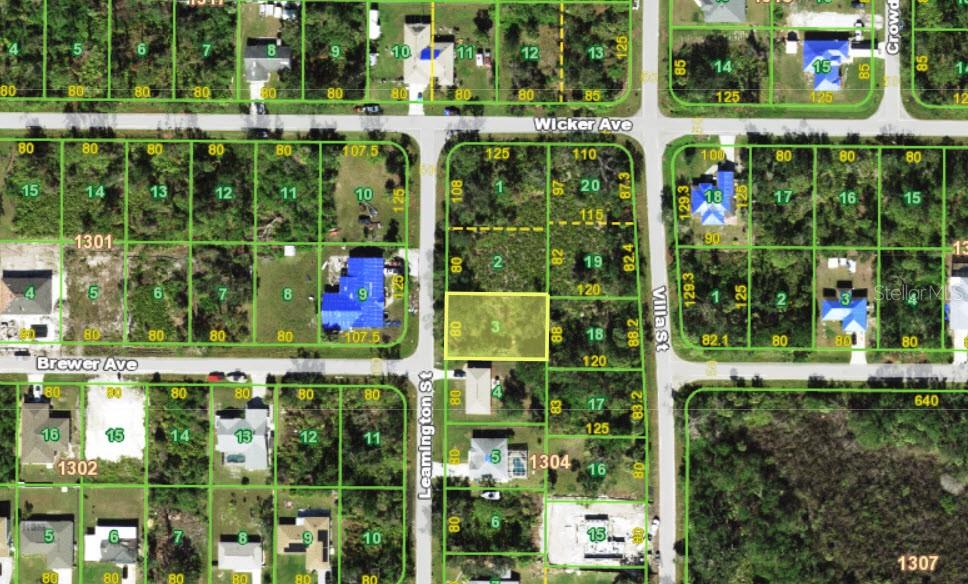 This is a map showing a vacant lot highlighted in yellow within a residential neighborhood — 3190 LEAMINGTON STREET, PORT CHARLOTTE, FL