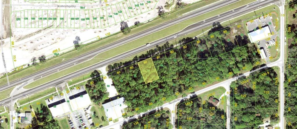 This is an aerial map showing a highlighted vacant lot among other residential properties — 2104 EL JOBEAN ROAD, PORT CHARLOTTE, FL