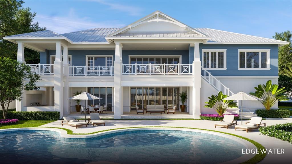 This architectural rendering shows a courtyard with palm trees, a fountain, and a staircase — 1420/1440 GULF BOULEVARD, BELLEAIR SHORE, FL
