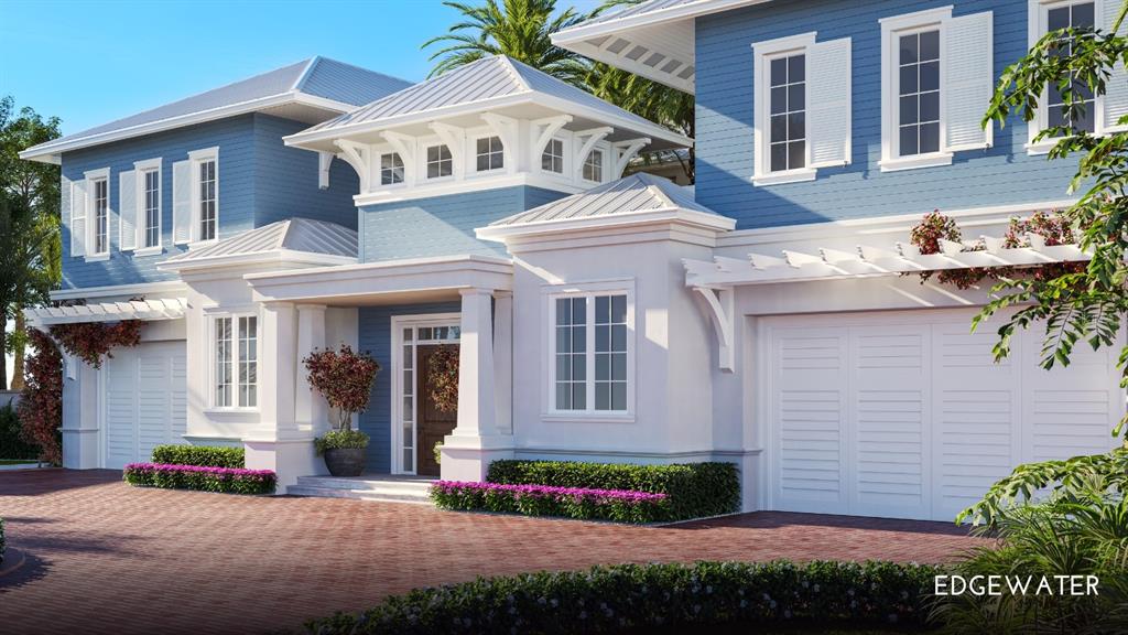 This is a rendering of a two-story blue house with a pool and patio — 1420/1440 GULF BOULEVARD, BELLEAIR SHORE, FL