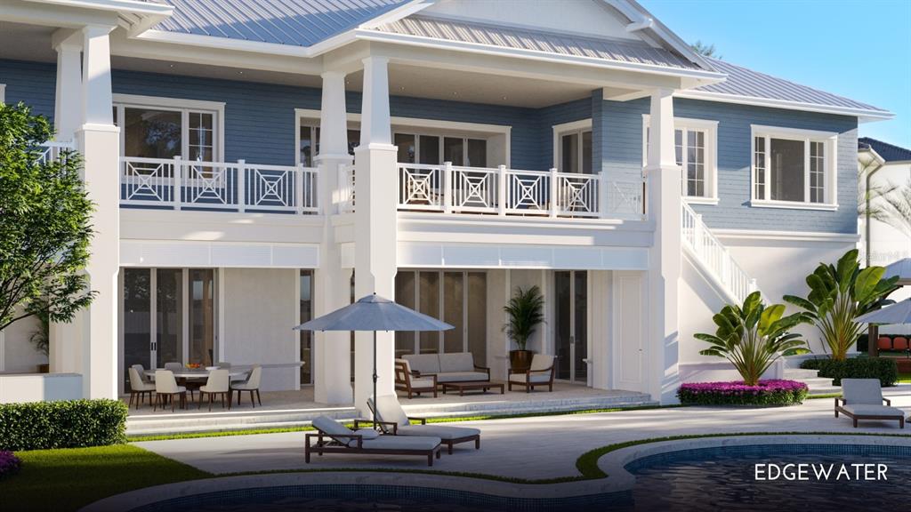 A rendering of a two-story blue and white coastal house with a brick driveway — 1420/1440 GULF BOULEVARD, BELLEAIR SHORE, FL