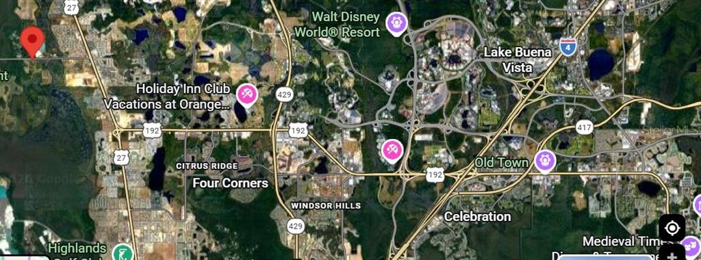This is a satellite map showing the area surrounding Walt Disney World Resort in Florida — CR 474 ROAD, CLERMONT, FL