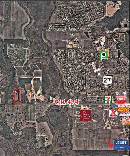 This is an aerial map showing a property outlined in red near CR 474 — CR 474 ROAD, CLERMONT, FL