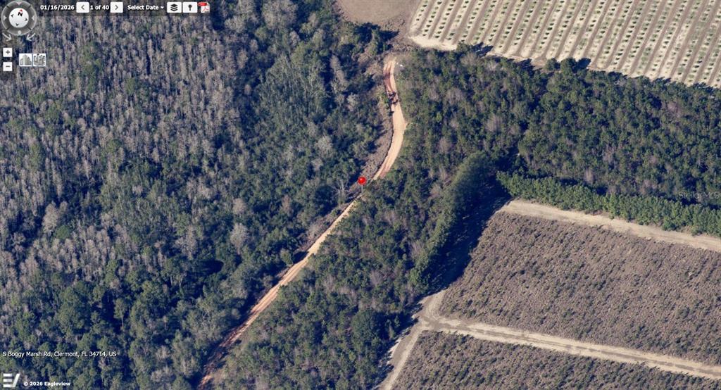 This aerial view shows a dirt road winding through a wooded area near agricultural fields — CR 474 ROAD, CLERMONT, FL