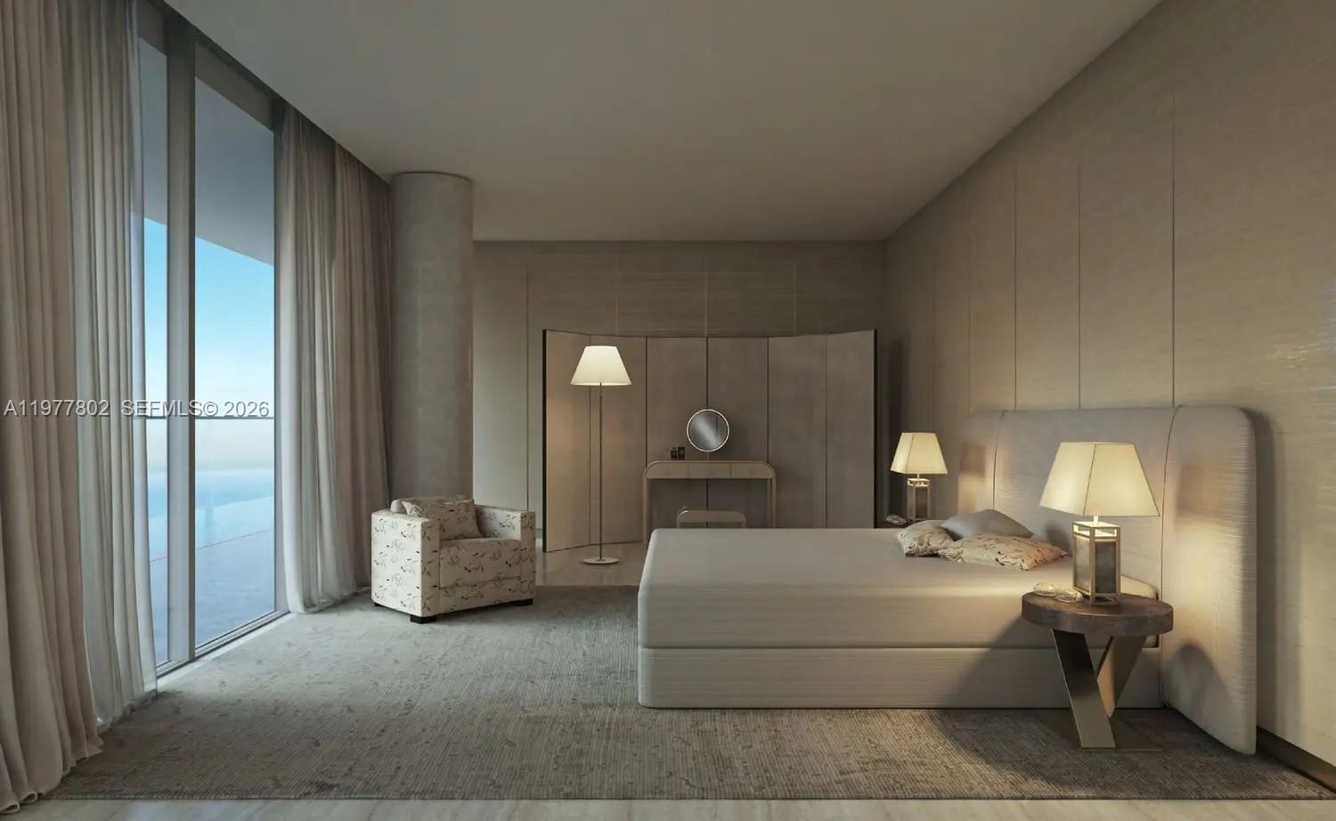 This rendering shows a modern bedroom with a large bed, vanity, and floor-to-ceiling windows — PJMRCE04B East Crescent # 0, Dubai, FL