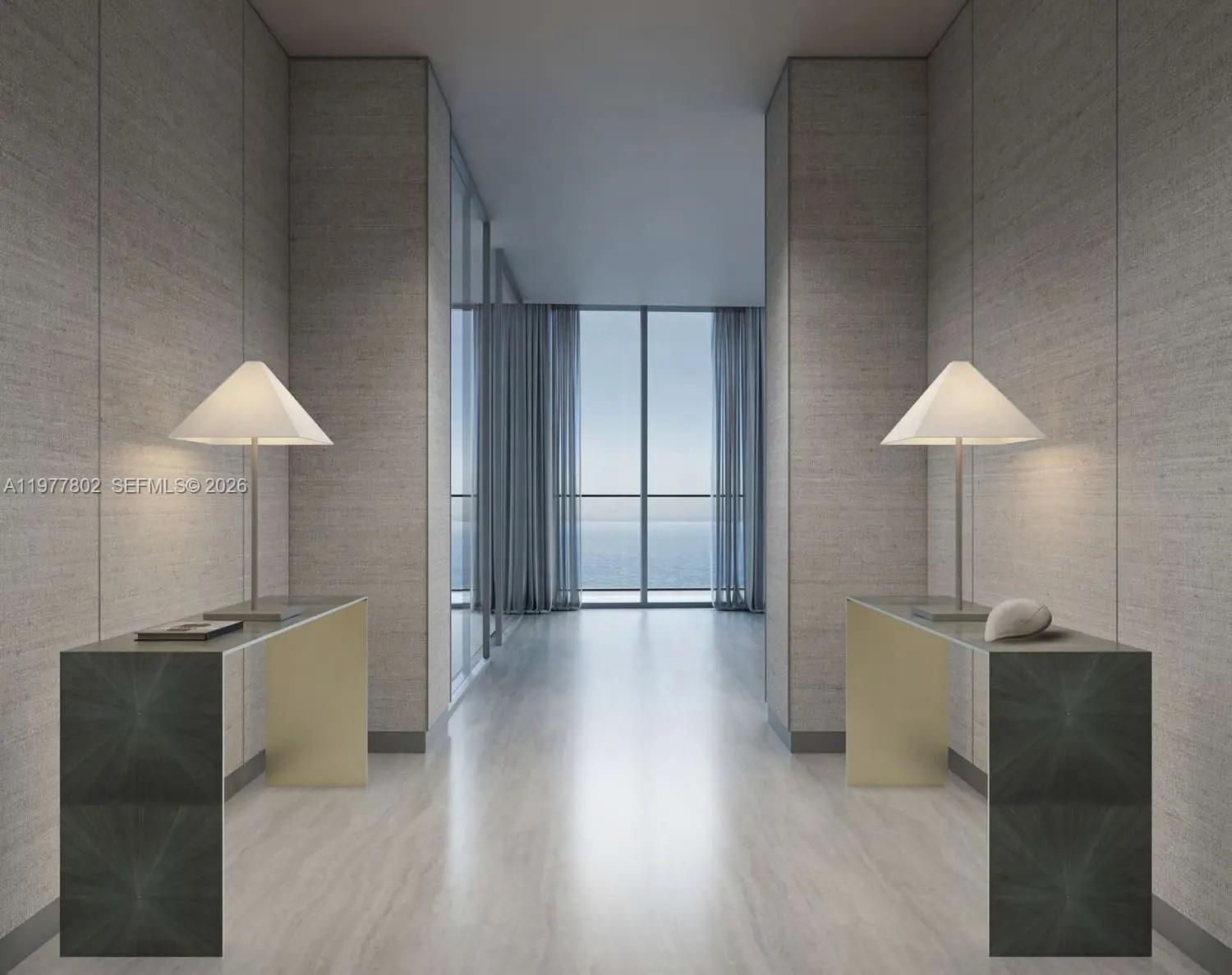 This rendering shows a hallway with two console tables, lamps, and a view of the ocean — PJMRCE04B East Crescent # 0, Dubai, FL