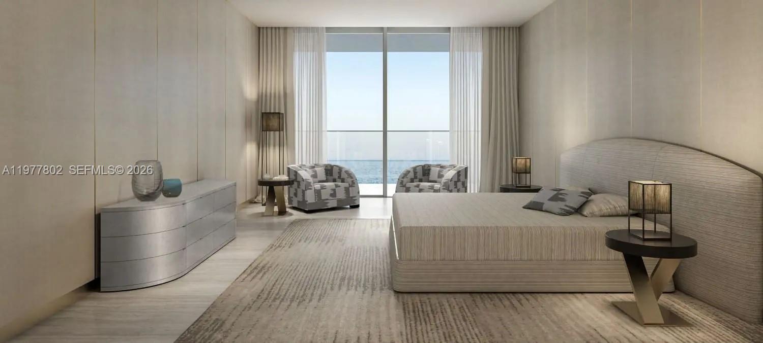 This rendering shows a modern bedroom with a bed, two armchairs, and floor-to-ceiling windows — PJMRCE04B East Crescent # 0, Dubai, FL
