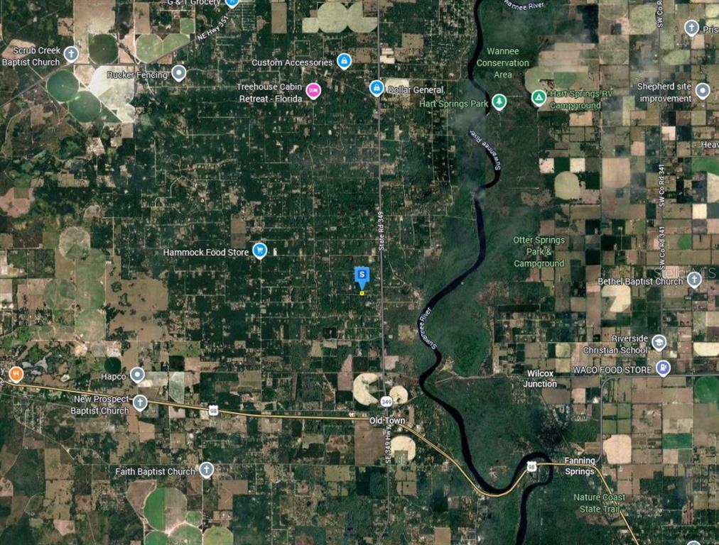 This is a satellite map view of a rural area featuring the Suwannee River — 11 NE 717TH ST, OLD TOWN, FL