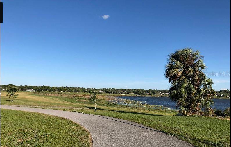 A paved walking path winds through a grassy park beside a lake with a palm tree — N/A, LAKE WALES, FL