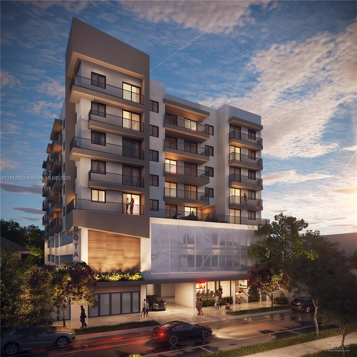 This is a digital architectural rendering of a modern multi-story residential building at dusk — 758 NW 2nd St # 503, Miami FL 33128, MIAMI, FL