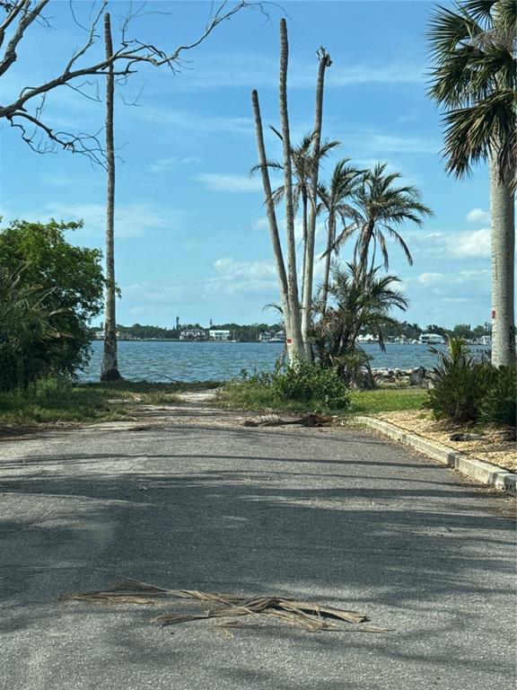 A paved road leads toward a waterfront view framed by several tall palm trees — 117 29TH STREET W, BRADENTON, FL