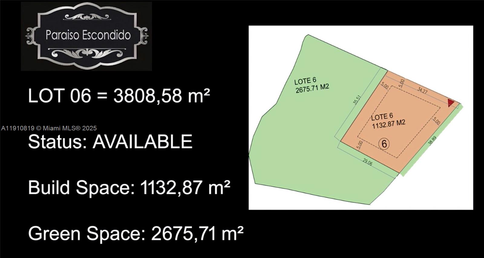 This is a map showing the total area, build space, and green space for Lot 06 — Vereda Mampuesto Sector Garrido #6, C Colombia, C