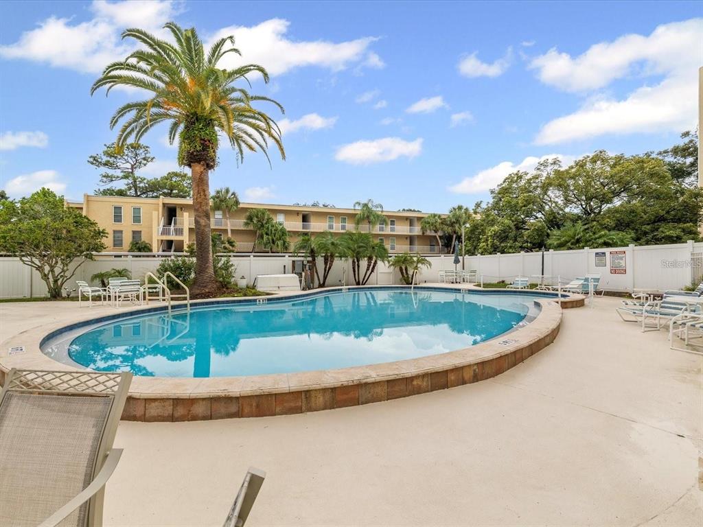 An outdoor swimming pool with a palm tree and a multi-story apartment building behind it — 225 COUNTRY CLUB DRIVE UNIT 1604, LARGO, FL