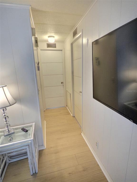 A hallway features light wood-look flooring, white paneled walls, two closed doors, and a television — 46 PALM FOREST DRIVE, LARGO, FL