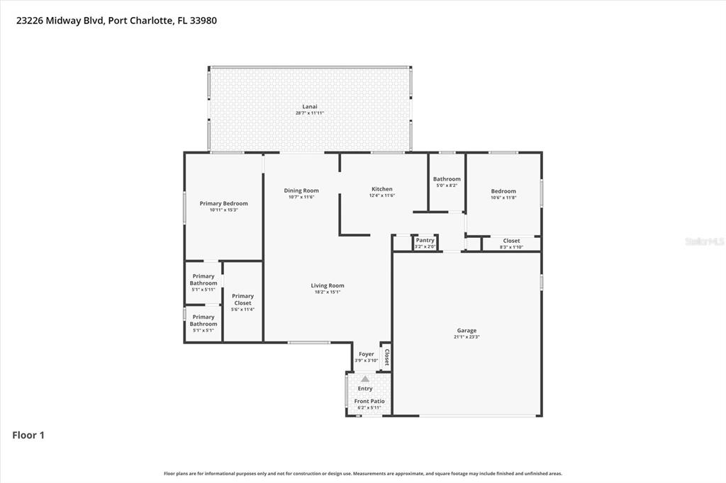 This is a floor plan for a single-story house with a garage and a lanai — 23226 MIDWAY BOULEVARD, PUNTA GORDA, FL