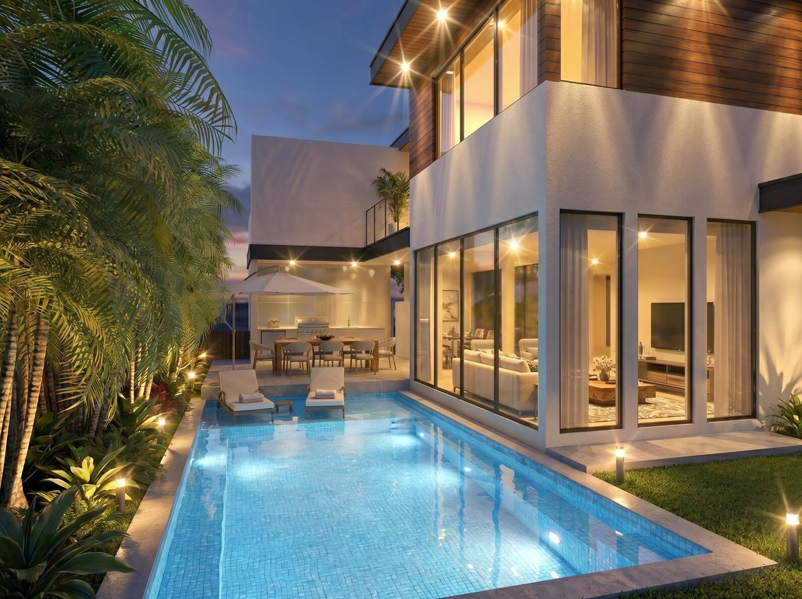 This architectural rendering shows a modern two-story house with a swimming pool and patio — 712 NE 23rd Terrace, Pompano Beach FL 33062, POMPANO BEACH, FL