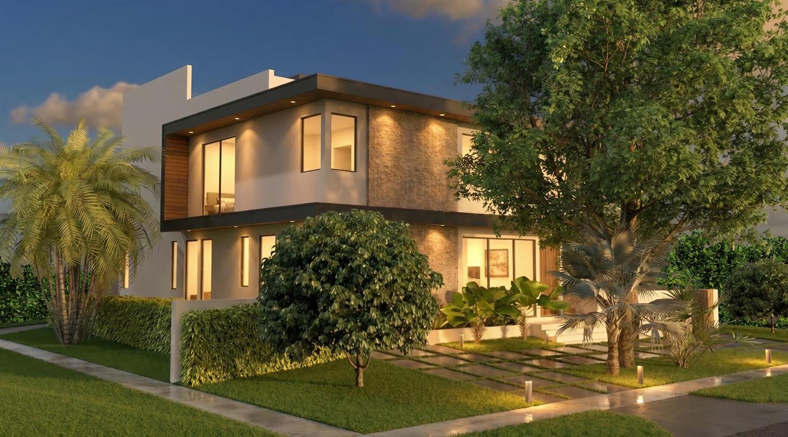 A digital rendering of a modern two-story house with stone accents and illuminated landscaping at dusk — 712 NE 23rd Terrace, Pompano Beach FL 33062, POMPANO BEACH, FL