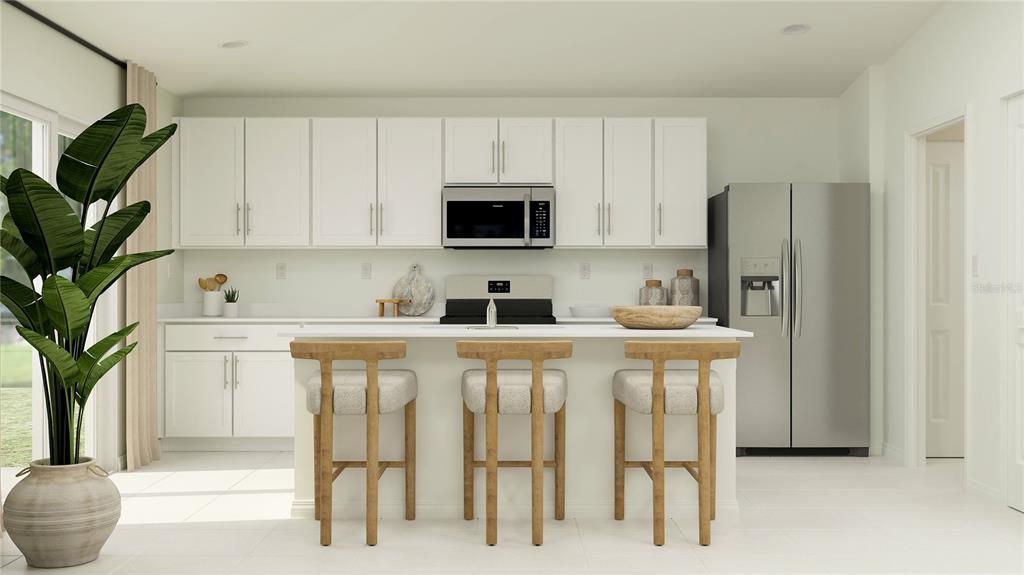 This rendering shows a modern kitchen with white cabinets, stainless steel appliances, and three stools — 5940 YELLOW HORNBILL AVENUE, WIMAUMA, FL