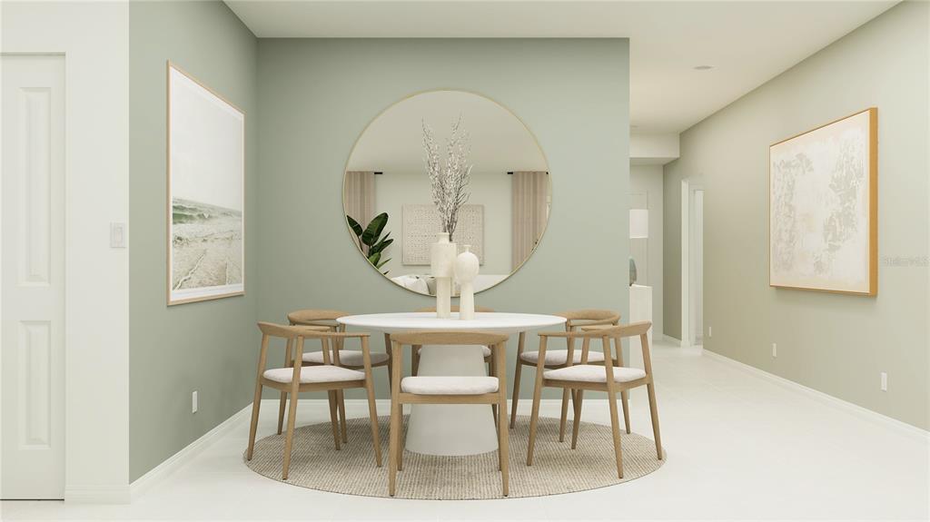 A digital rendering of a dining room featuring a round table, chairs, and wall mirror — 5940 YELLOW HORNBILL AVENUE, WIMAUMA, FL